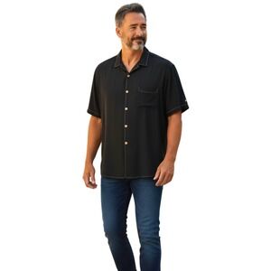 Nat Nast Mens Black 100% Silk Camp Shirt Short Sleeve Pick Stitch Size Large